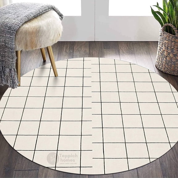 Teppich Homes Geometric Area Rug, 5' x 5', Tufted, White, Handmade