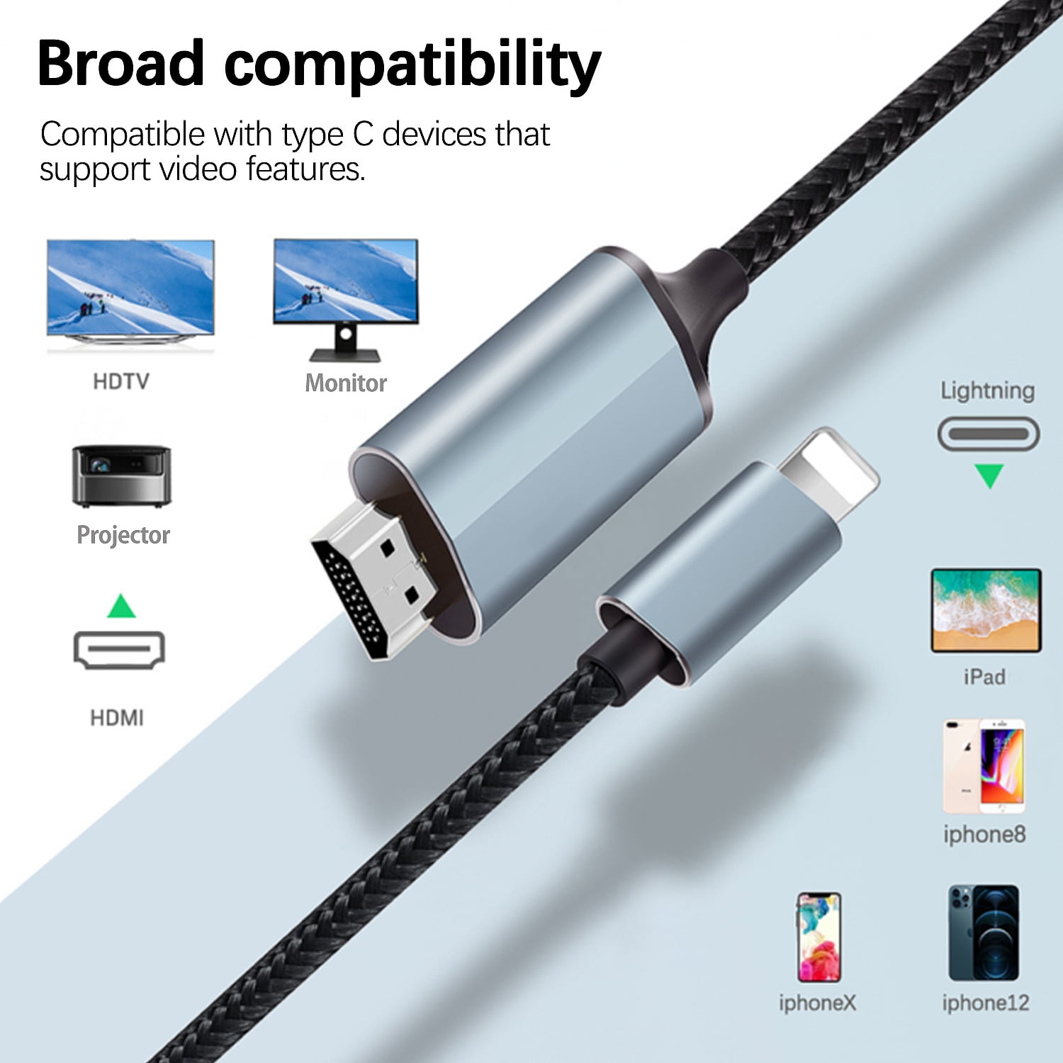 Lightning to HDMI Adapter • HDMI Cable for iPhone to TV • Compatible with iPhone14, 13, 12, 11 & YouTube to TV Output • with 1080P HD Display • Sync Video and Sound • Just Plug and Play • 6.6FT, Grey