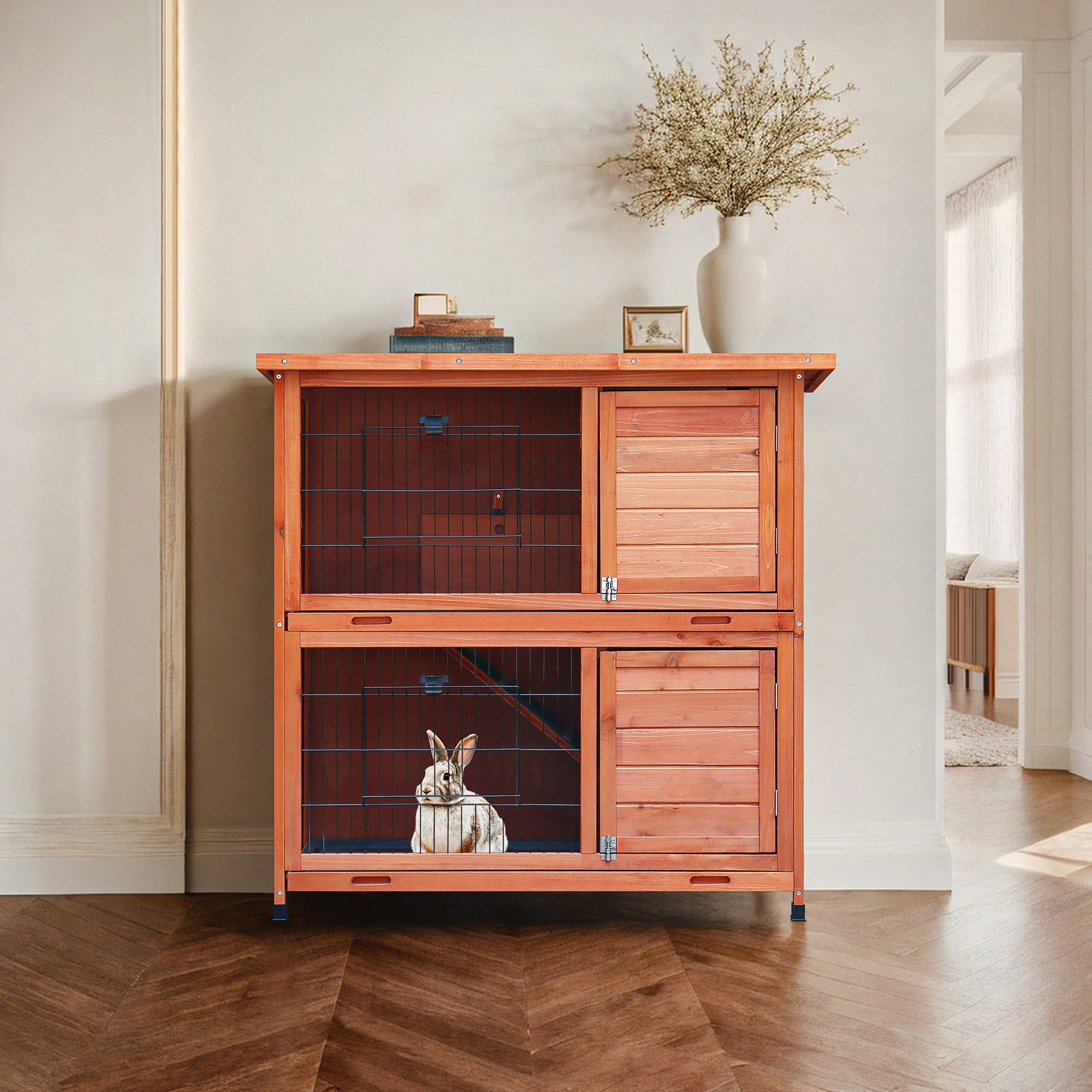 Pefilos 41" Rabbit Hutch Indoor with Tray, Bunny Hutch Outdoor 2 Story Wooden Rabbit House Guinea Pig Cages with Ramp, Orange