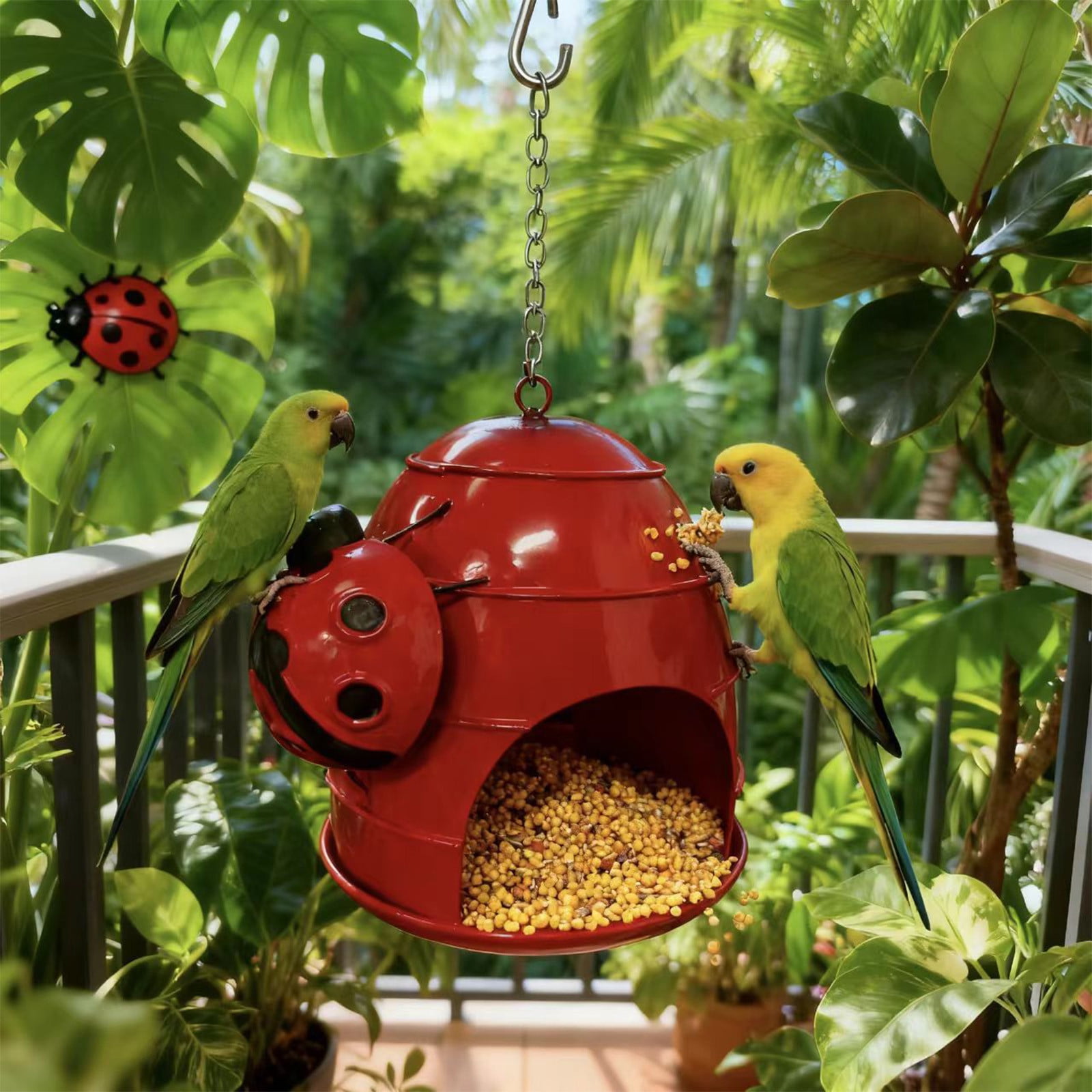 SCNOR Ladybug Design Hanging Bird Feeder Outdoor, Metal Decorative Bird Feeder with Removable Tray & Drainage Mesh for Garden Patio Balcony