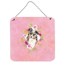 Carolines Treasures CK4267DS66 Australian Shepherd Pink Flowers Wall or Door Hanging Prints 6x6 multicolor