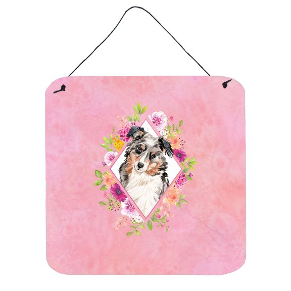 Carolines Treasures CK4267DS66 Australian Shepherd Pink Flowers Wall or Door Hanging Prints 6x6 multicolor