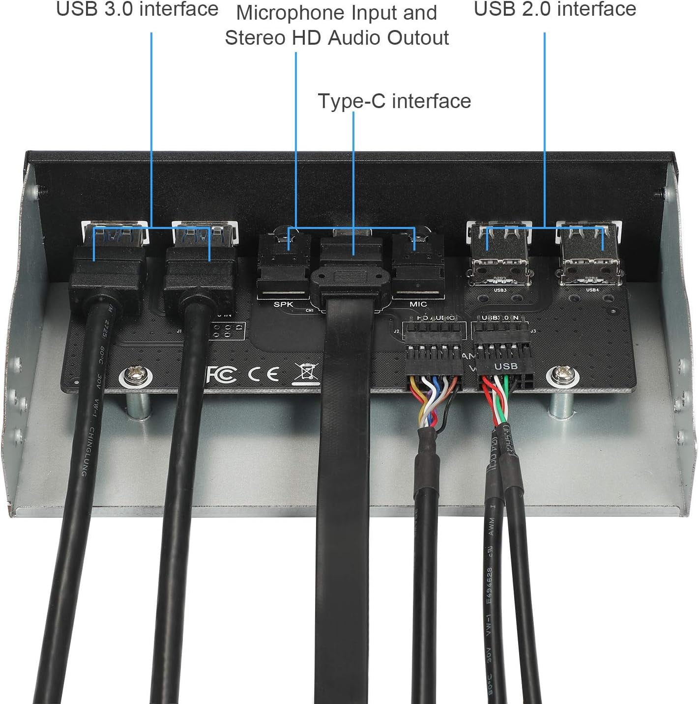 MZHOU USB2.0 + 3.0 Metal Front, 5.25 inch 19Pin Front Panel Adapter, 4 USB 3.0 Port hubs and (1HD Audio Port / 1TPY-C Port / 1 Microphone Input)