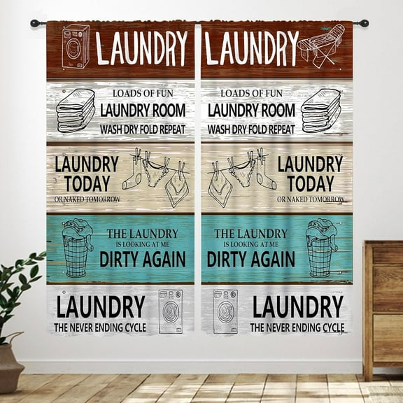 Laundry Room Curtains,Rustic Wash Dry Quotes Words Wooden Teal Brown Funny Fun Country Rural Curtains for Living Room Kitchen Bathroom Drape Treatment 2 Panel,42X54 Inch