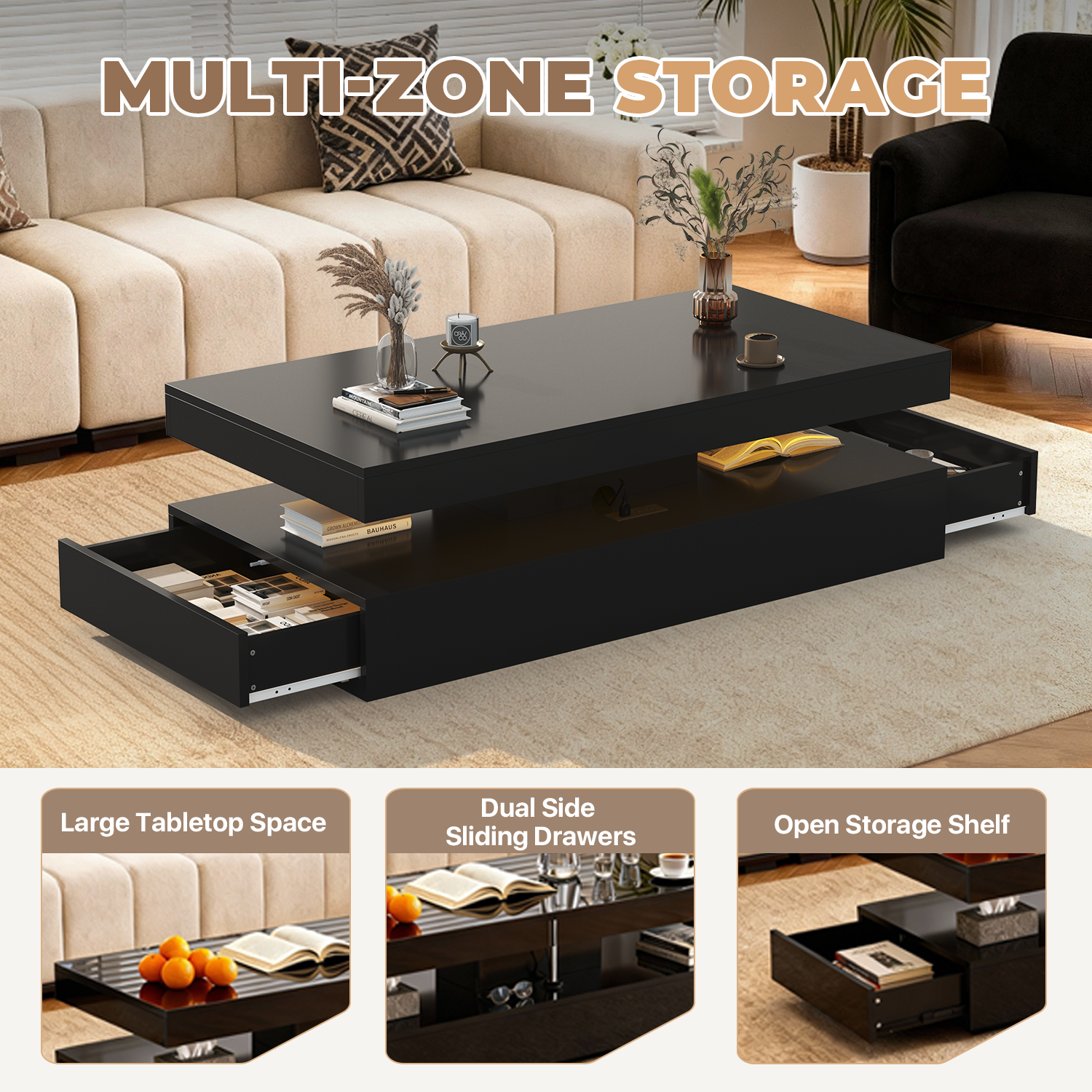 BaPiPro 47 Inch Modern LED Coffee Table with 2 Drawers, USB Charging & Smart Control, Large Center Table for Living Room, Black