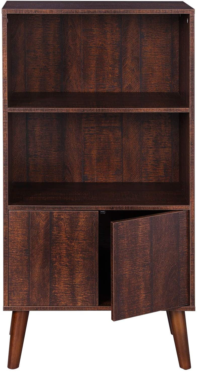 VASAGLE Walnut Bookcase 3Tier Retro Bookshelf with Doors Storage