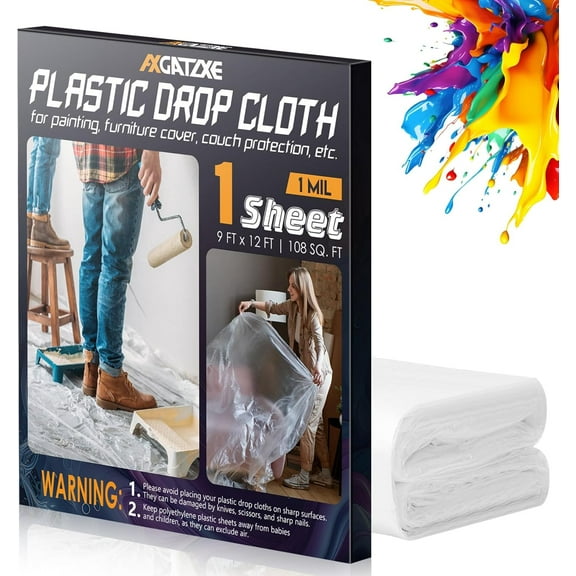 12 x 9 Ft Plastic Drop Cloths-1 Mil(1-Pack - Disposable Painter's Sheeting & Tarps for Painting, Waterproof Furniture/Couch/Floor Protection