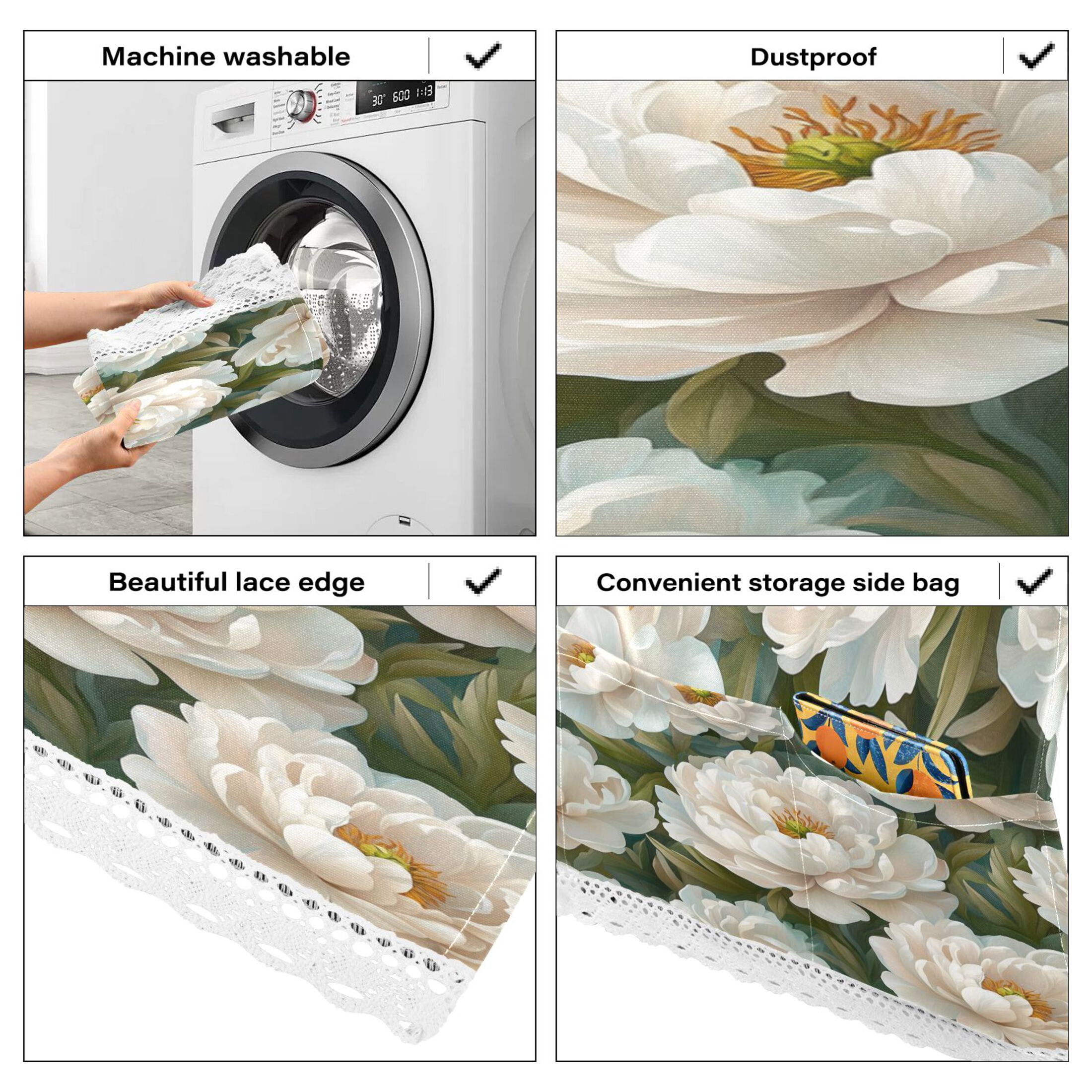 Cartoon White PeonyWasher and Dryer Covers Dust-Proof and Oil Resistant Fridge Cover with 4 Storage Pockets Washing Machine Top Cover for Laundry Kitchen Home 51.2 x 22 In