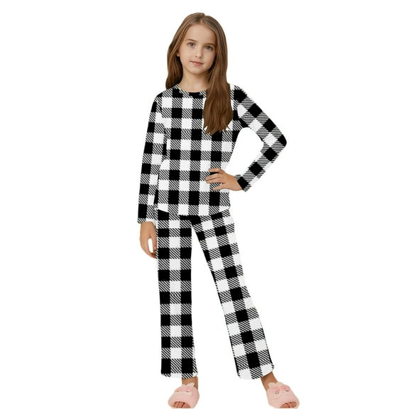 AHTJRT Girls Boys Plaid 2 Piece Pajama Set Crewneck Tee Shirt and Pants Set Comfort Long Sleeves Outfits Casual Lounge Sleepwear Set Black 11-12 Years