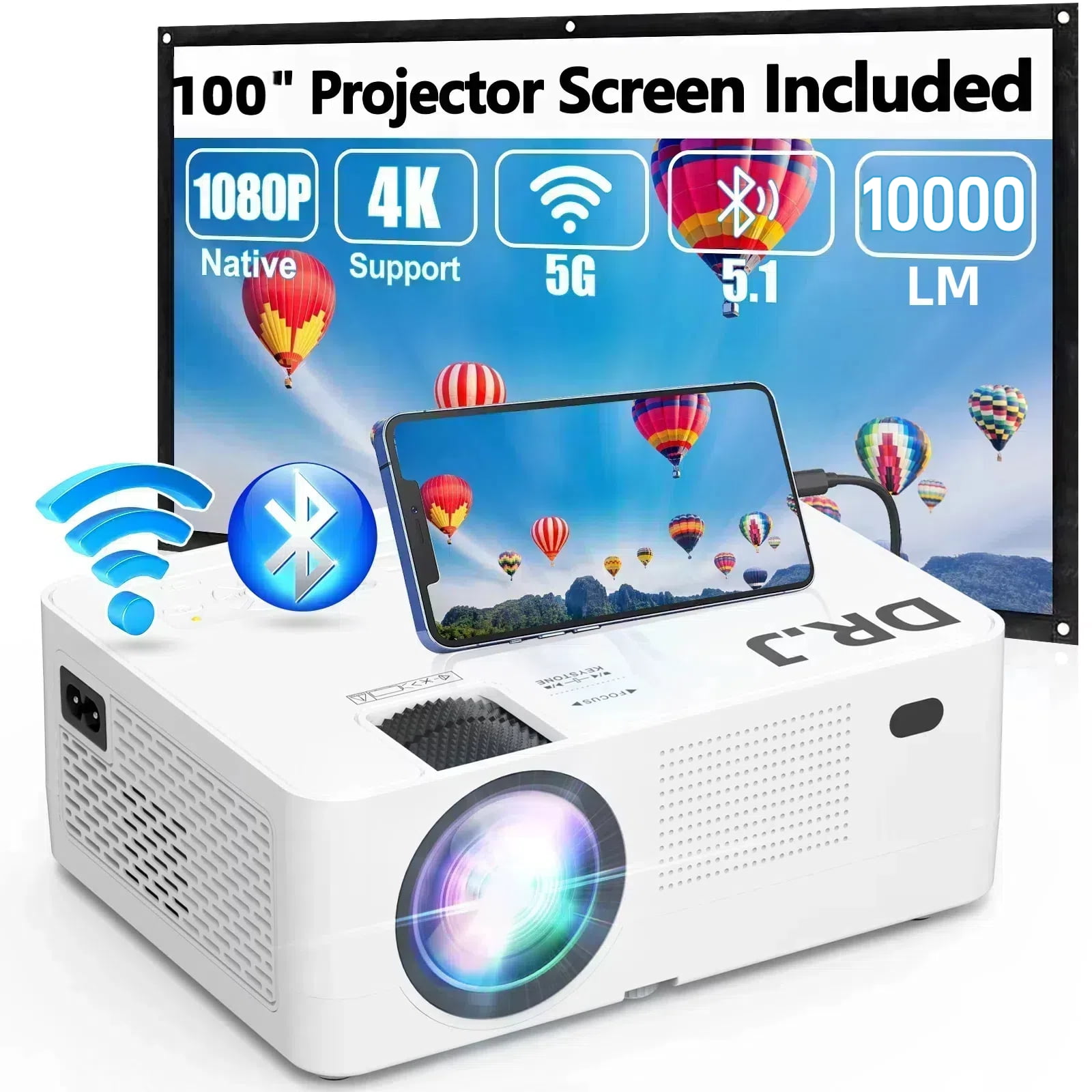 [Electric-Focus] GCZ 1080P Projector with WiFi and Bluetooth, Support 4K, Portable Home Projector with HDMI