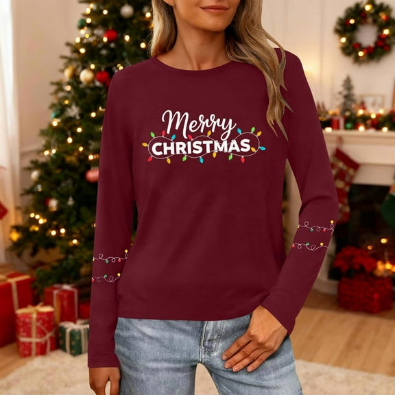 HOMBOM Graphic Tops for Women Long Sleeve Casual Santa Christmas Wine Females Tee Shirts Xmas