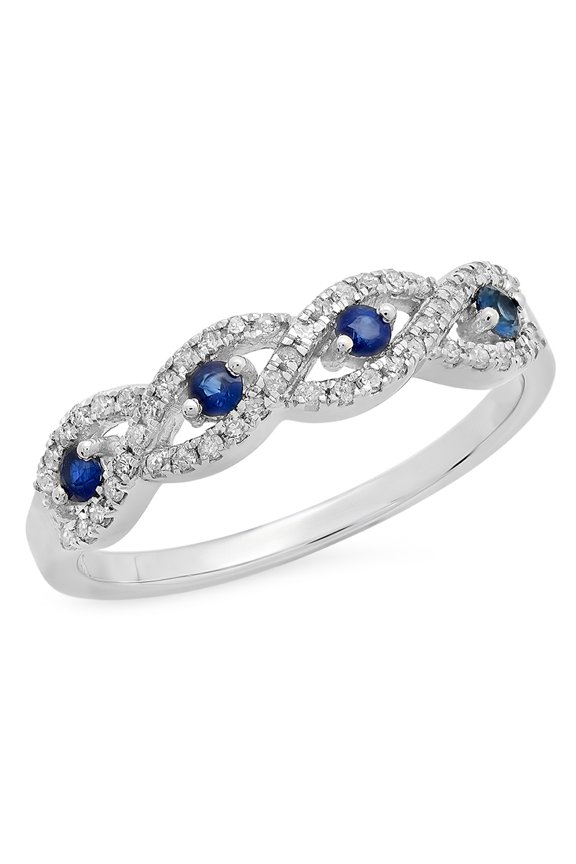 Collection 18K Round Blue Sapphire & White Diamond Ladies Stackable Wedding Swirl Ring, White Gold, Size 7