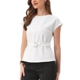 thumbnail image 4 of INSPIRAR CHIC Blusa Elegante de Manga Corta para Mujeres con Cuello Barco, Tops de Peplum con Cinturón para Oficina, M Blanca, 4 of 6