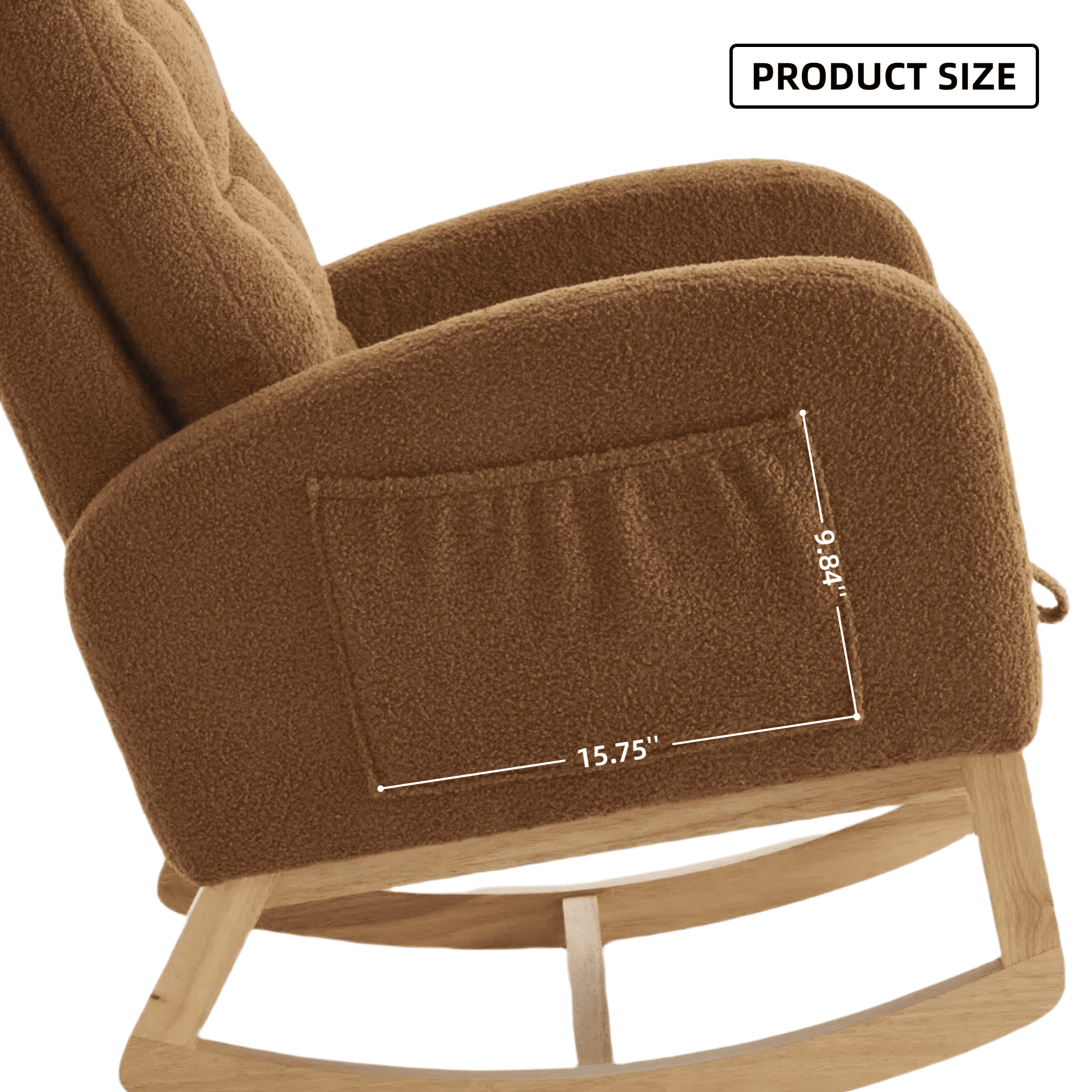 Timbernest Nursery Rocking Chair, Upholstered Arm Chair for Living Room, Comfy Chair with Footrest, Side Pocket and High Backrest, Camel