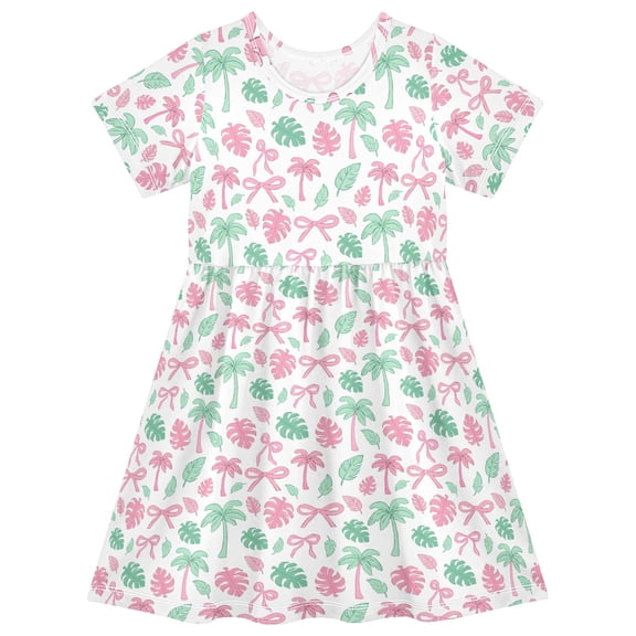 joogoo Summer Bow Palm Leave Girls' Short Sleeve Dress Kids Dresses 5-6T
