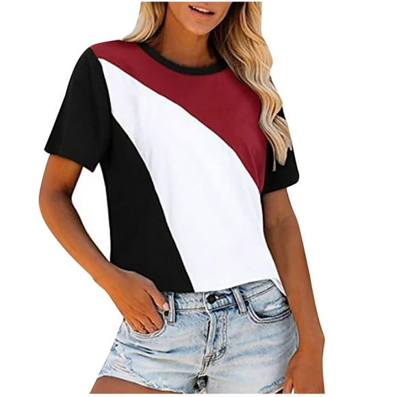 Mefallenssiah Short Sleeve Blouses Women‘S tops Summer O- Neck Splicing Casul T Shirts Tee Blousel