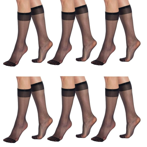 6 Pairs Sheer Knee High Socks for Women 15 Denier Stay up Band (Black)