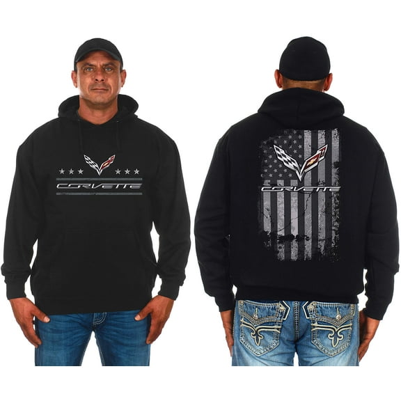 JH Design Group Mens Chevy Corvette Hoodie Distressed American Flag 2-Sided Sweatshirt