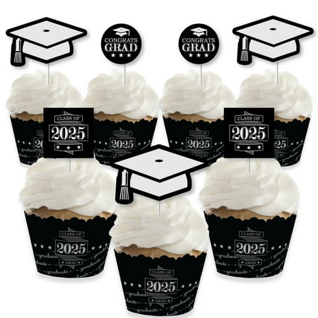 Big Dot of Happiness Graduation Cheers - Cupcake Decoration - 2025 Graduation Party Cupcake Wrappers and Treat Picks Kit - Set of 24