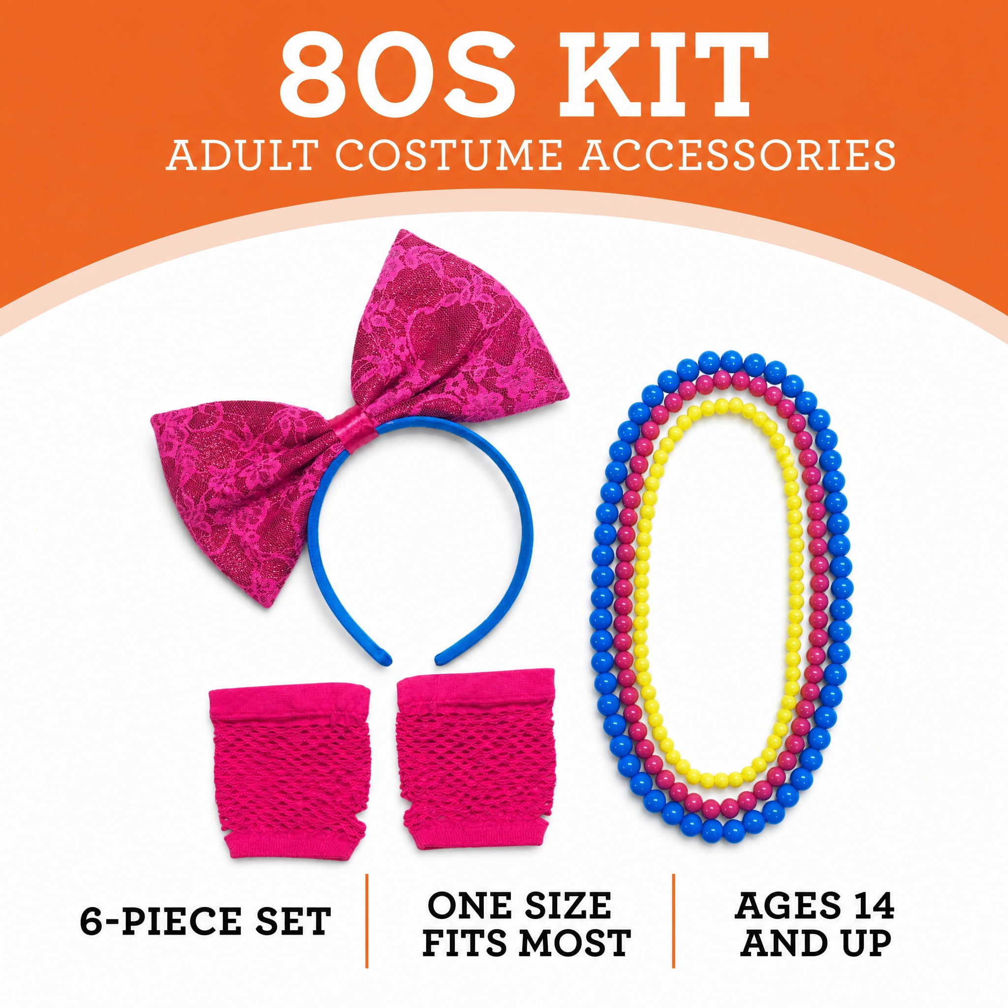 80s Costume Accessory Kit for Adults, Pink/Blue/Yellow, 6 Pieces, Halloween by Way To Celebrate