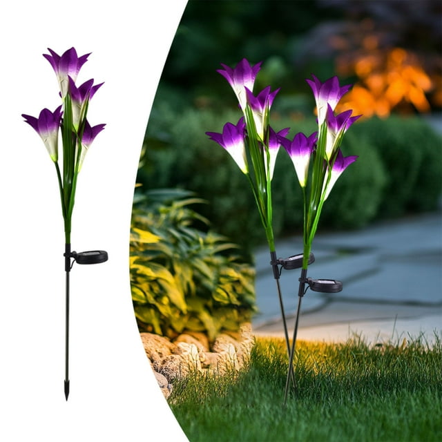 Luces de suelo de flor de lirio solar, paquete de 2 lámparas decorativas de jardín al aire libre, luces de estaca LED impermeables de 27.56 ", decoración de patio multicolor con energía solar