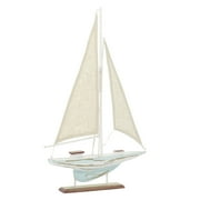 14" x 22" Blue Wood Distressed Sail Boat Sculpture with Cream Linen Sails and Brown Accents, by DecMode