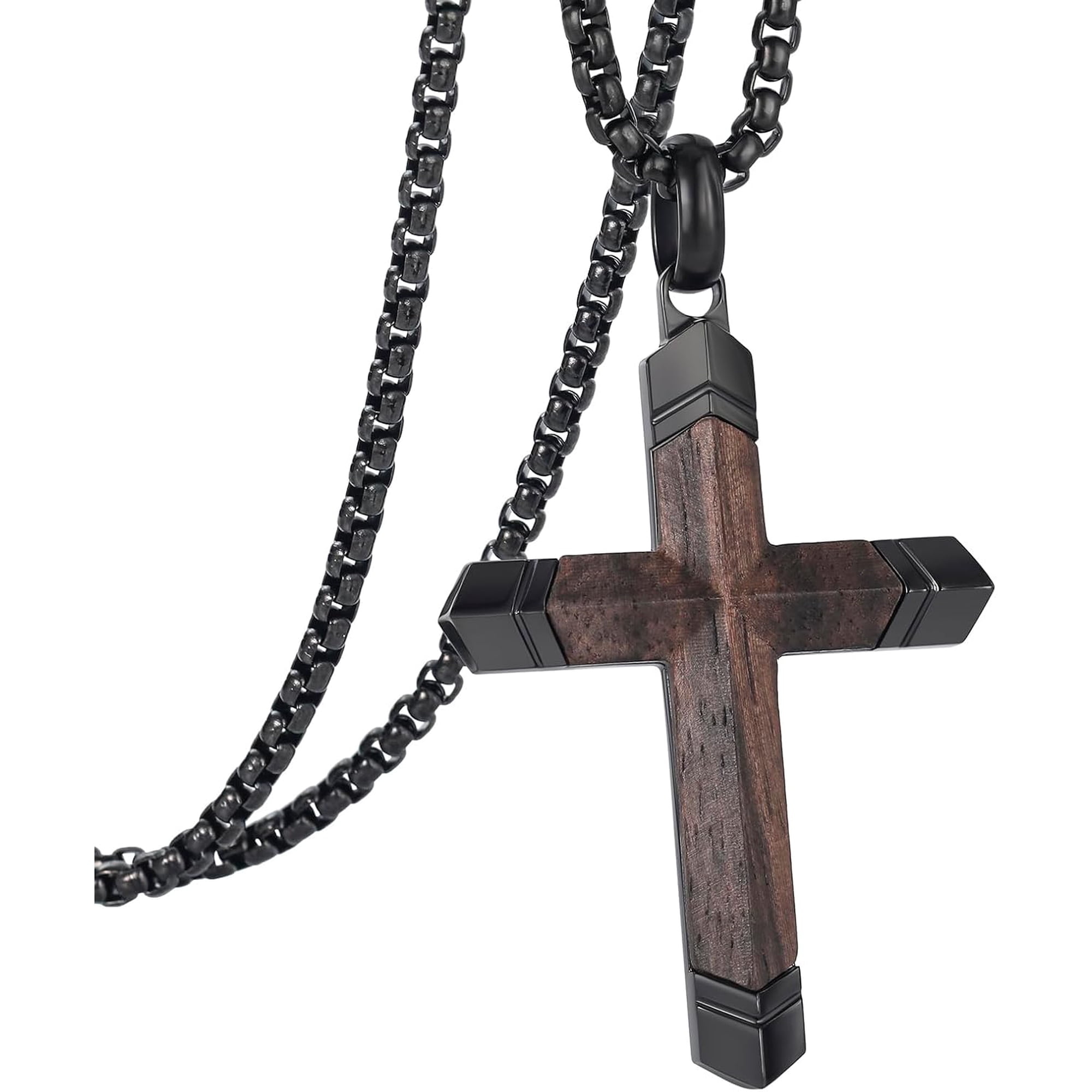 Cross Necklace for Men -Stainless Steel & Wood Adjustable Box Chain 24-26in, Spiritual Jewelry Gift for Him, Everyday Wear
