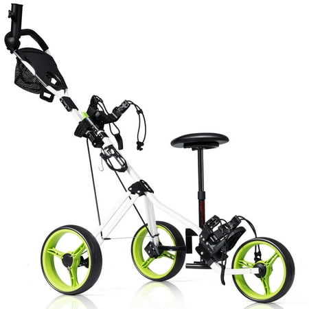 Costway Foldable 3 Wheel Push Pull Golf Club Cart Trolley w/Seat Scoreboard Bag (Best Cooler For Golf Cart)