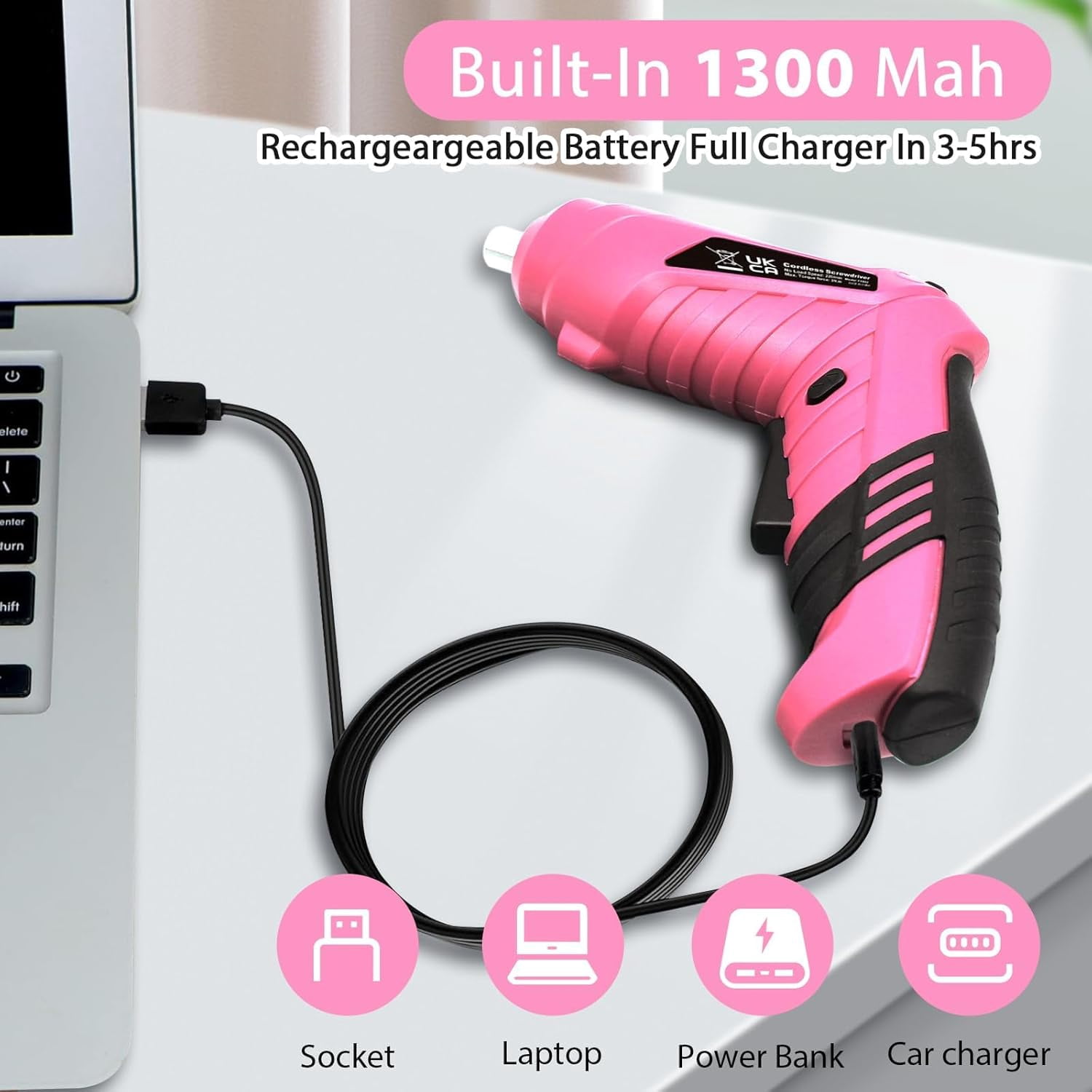 Pink Cordless Electric Screwdriver Set, 3.7V Rechargeable Small Electric Drill with 47pcs Driver Bit Set, Power 3Nm with 2 Position Handle, ible Shaft LED Light for Women