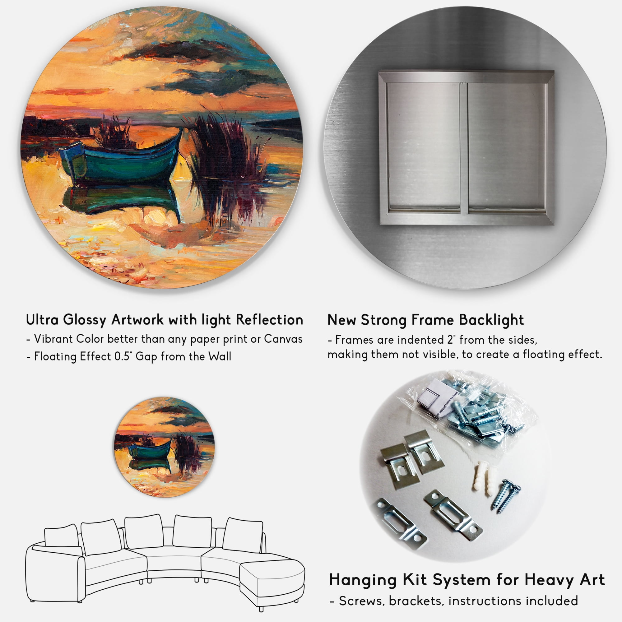 Designart 'Boat At The Lake During Evening Glow I' Nautical & Coastal Circle Metal Wall Art 36x36 - Disc of 36