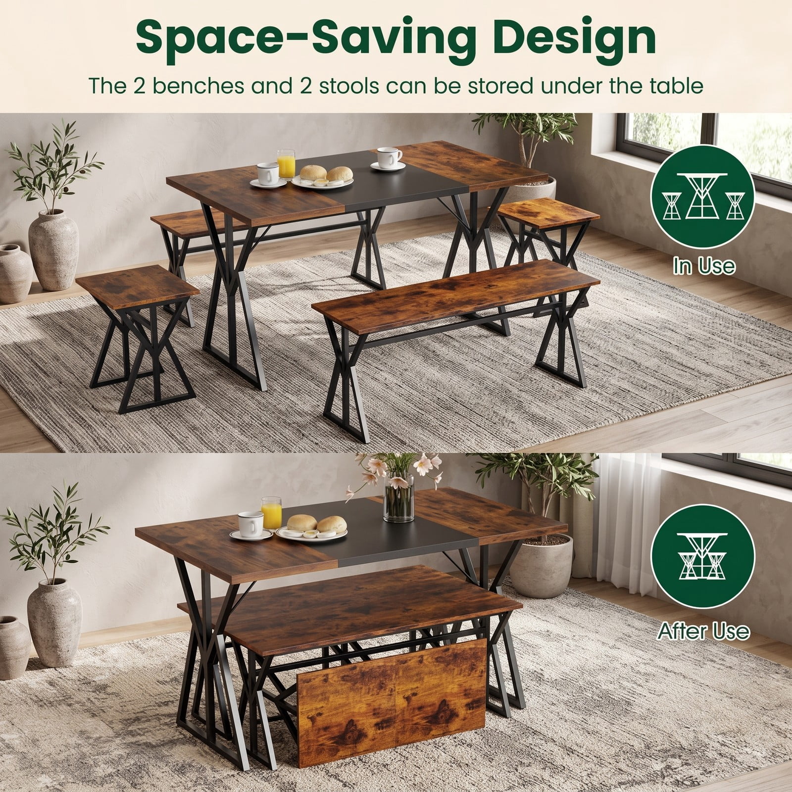 Furnibear 5 Piece Industrial Dining Set with Rectangular Table 2 Benches and 2 Stools for Kitchen Dining Room and Small Apartments, Rustic Brown