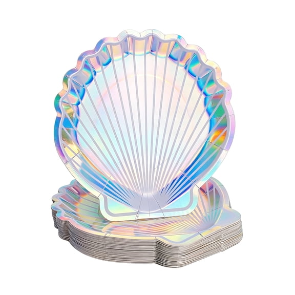 BZUEPRS 48 Pack Holographic Seashell Plates for Girls Mermaid Birthday Party Supplies, Silver Foil Design (9 Inches)