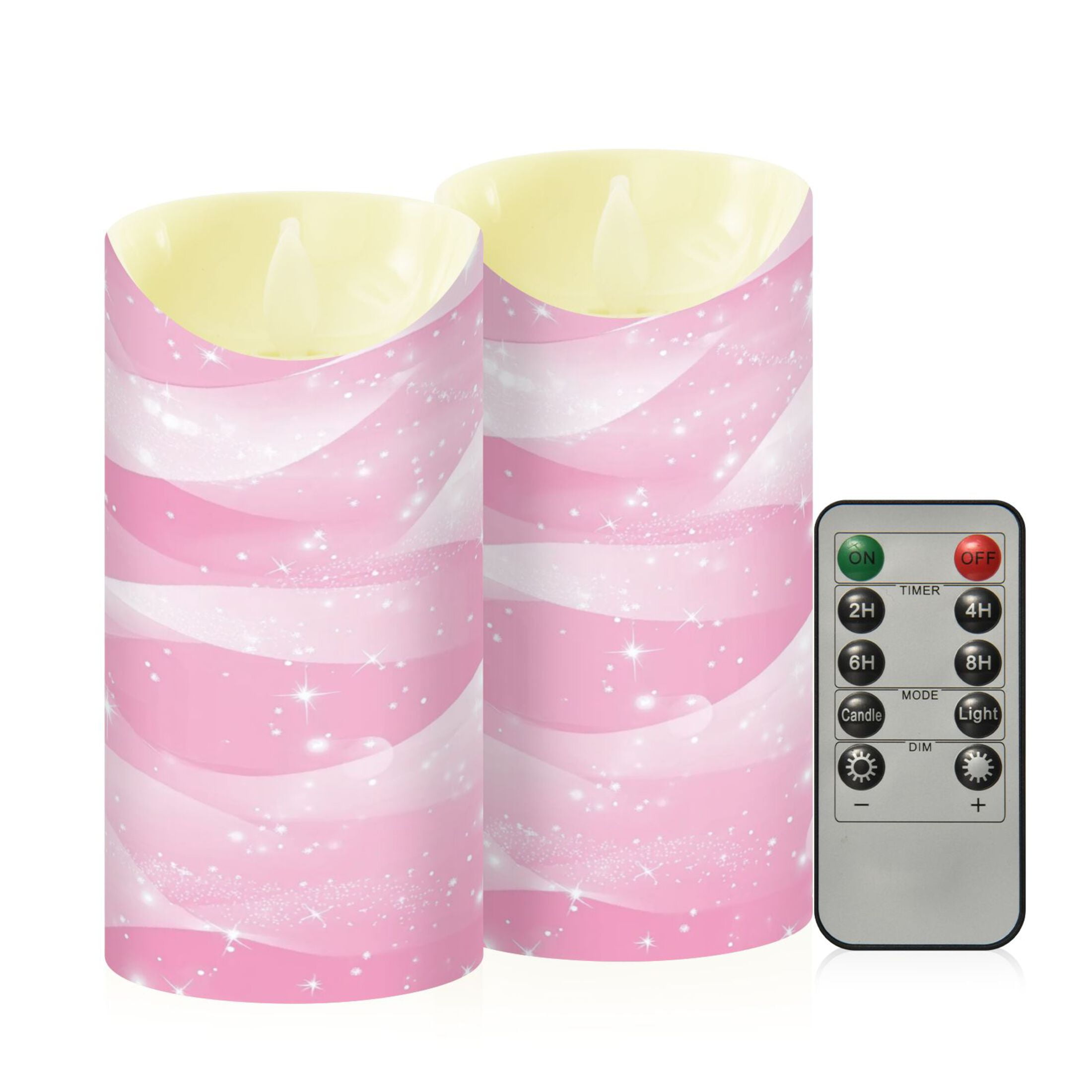 2 PCS Tilted Flameless Candles Flickering LED Lights Battery Operated Candles with Remote Timers for Holiday Decor Pink Stars and Waves