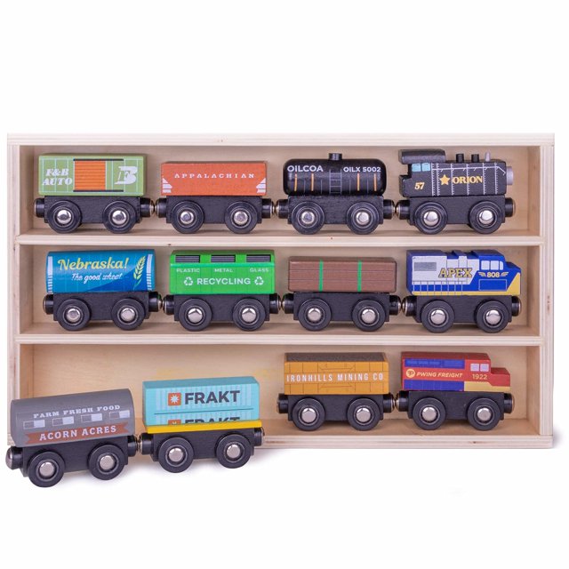 Conductor Carl Playtime Express Train Set | 12-Piece Wooden Train Box | Includes Unique Custom Designs and Classics: Recycling Transport, Timber Train, Wheat Car, Coal Train, Oil Tanker