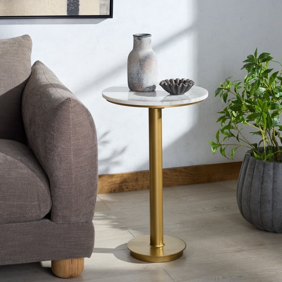 Safavieh Couture Branxton Industrial Metal and Marble Round End Table, Brass/White
