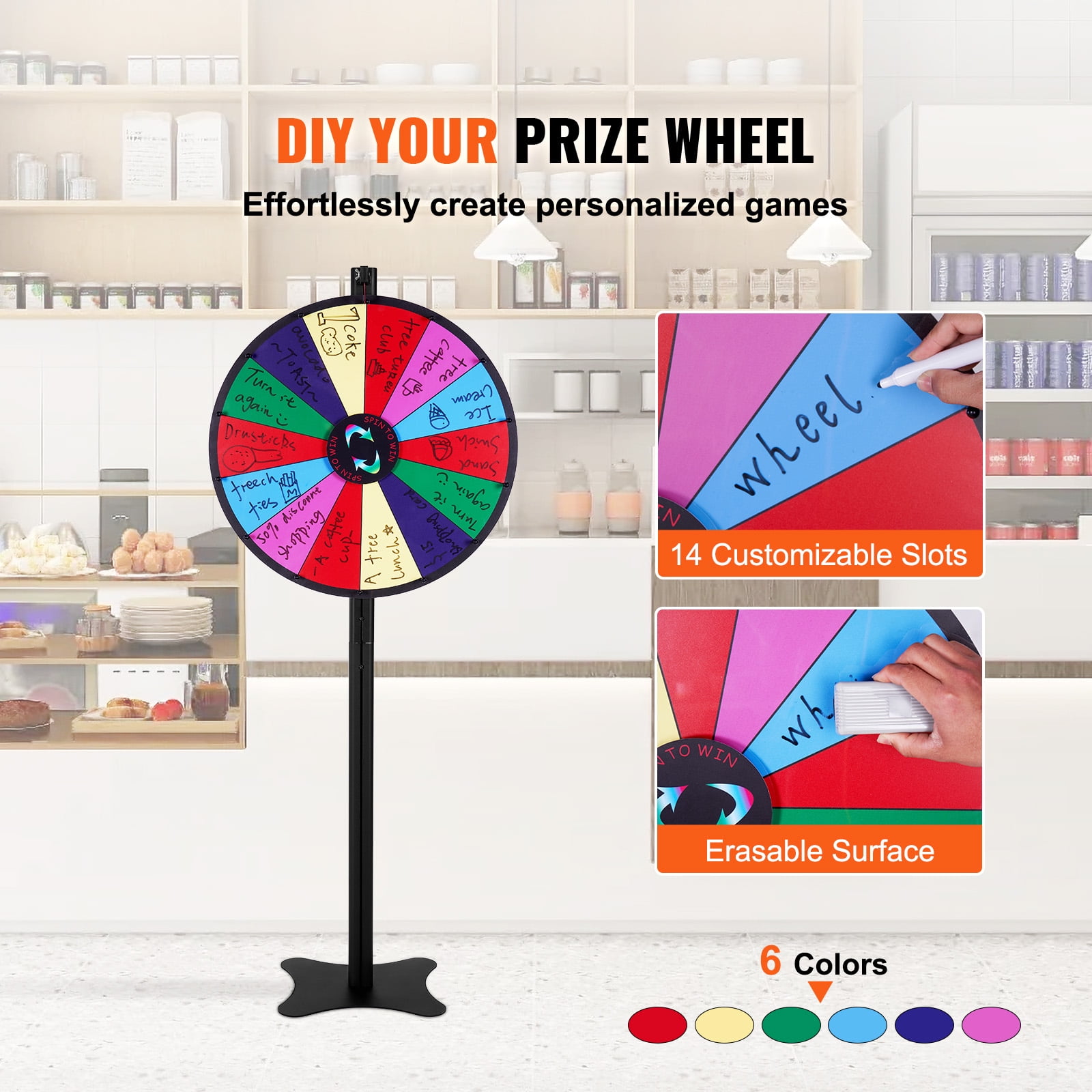 KFFKFF 24-inch Rotating Reward Wheel, 14-Slot Spin Wheel, Game Wheel with Dry Erase and Dual Markers, Suitable for Tabletop or Floor Use in Parties, Pubs, Trade Shows, and Carnivals