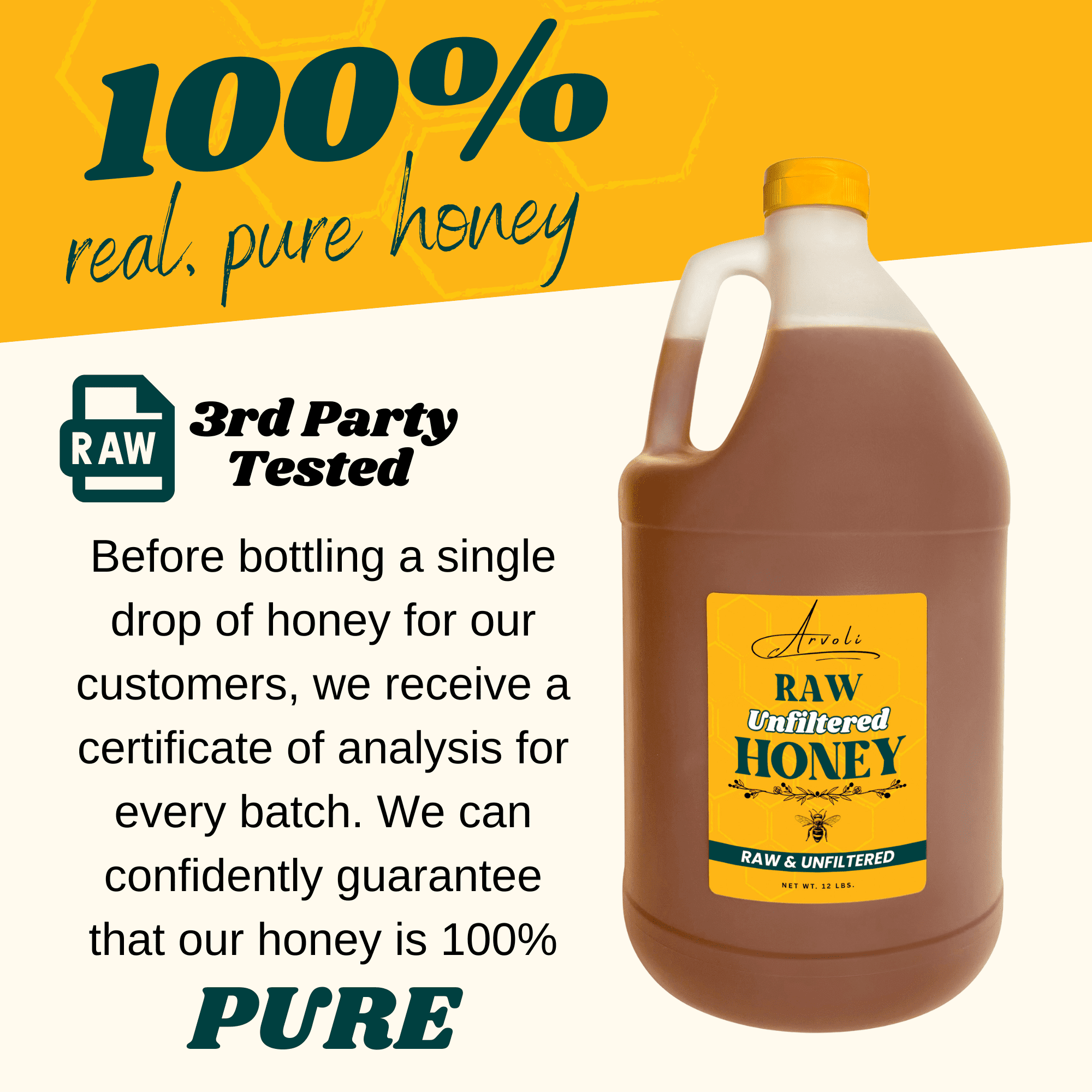Raw & Unfiltered Wildflower Honey - 1 GALLON of HONEY - 12 lb Jug - BULK HONEY by Arvoli Honey