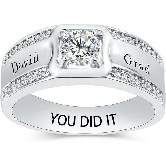 Ccjcinata Fully Personalized Customized class rings Sterling Silver Men's High School and College Class Ring – Classic Collection (Sterling Silver - Platinium)