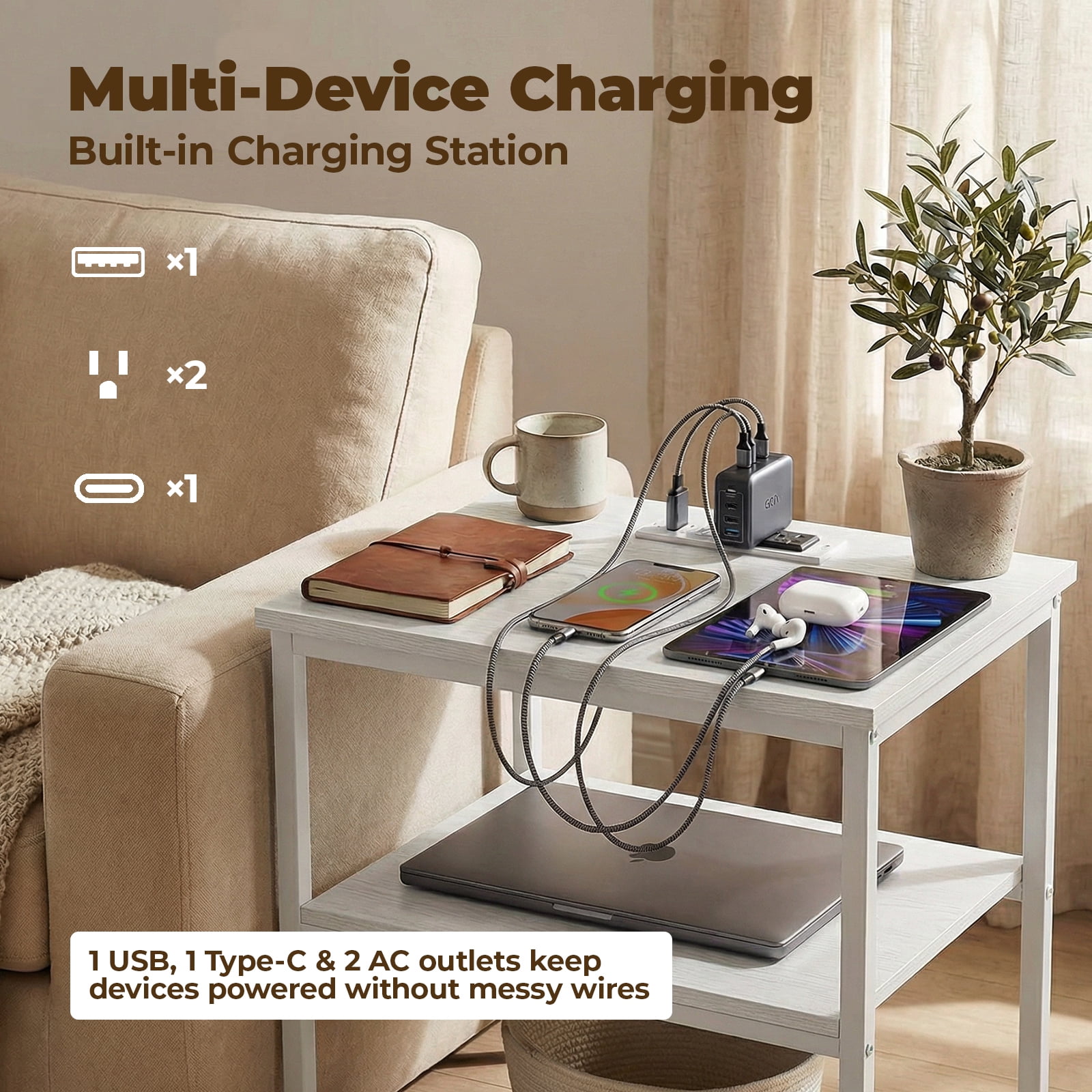 Alvantar Bedside Table Charging Station Nightstand with USB/C Ports, Adjustable Drawers, 3-Tier Storage Shelf