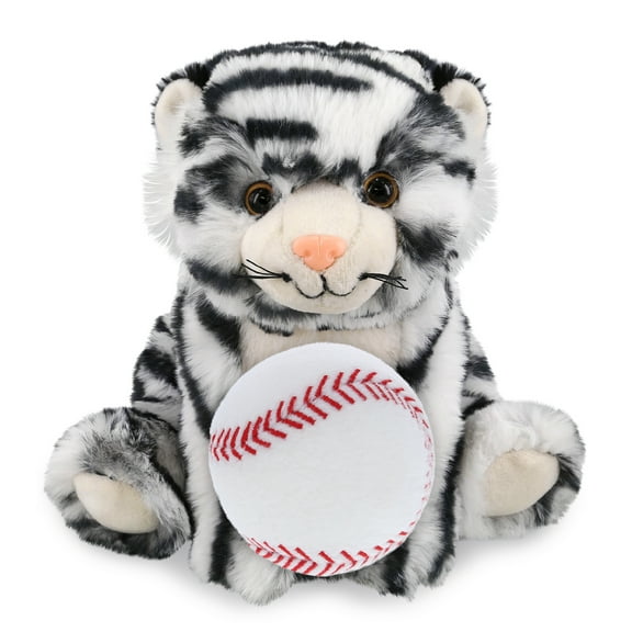 DolliBu Super Soft Squat White Tiger Stuffed Animal with Baseball Plush - Soft Huggable Tiger, Playtime Plush Toy, Cute Wild Life Gift, Super Soft Plush Doll Animal Toy for Kids and Adults - 8 Inches