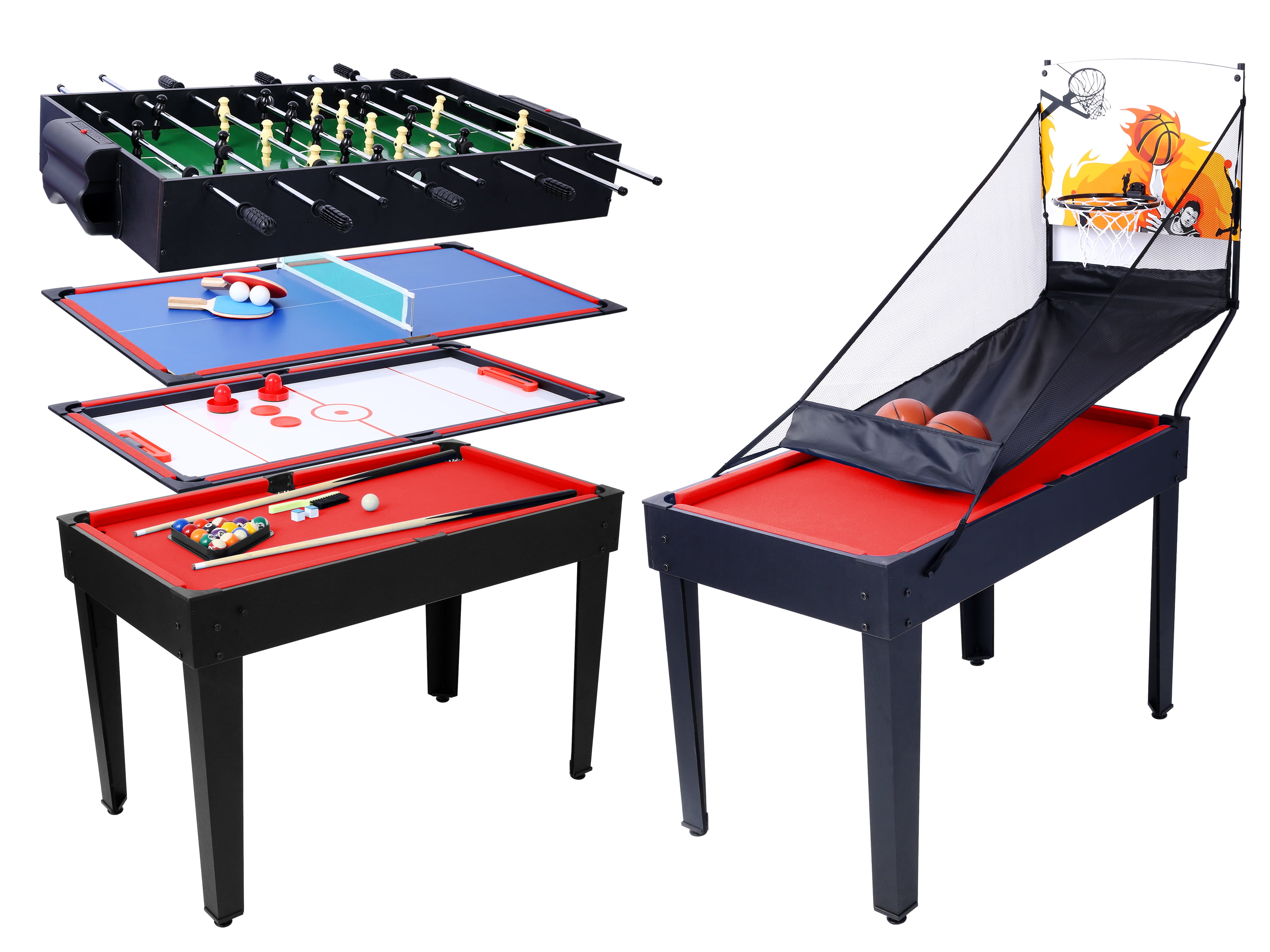 5-in-1 Multi-Game Table for Indoor Sports - Billiards, Push Hockey, Foosball, Ping Pong, Basketball | Black/Red Design