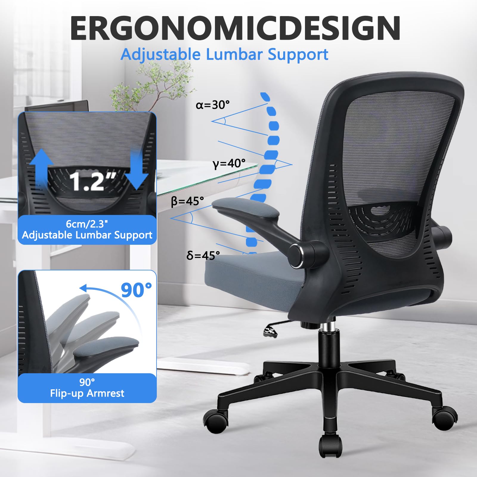 CLATINA Desk Chairs with Wheels, Ergonomic Rolling Mesh Office Chair Adjustable Height and Lumbar Support Home Office Computer Chair with Flip Up Armrests, Grey