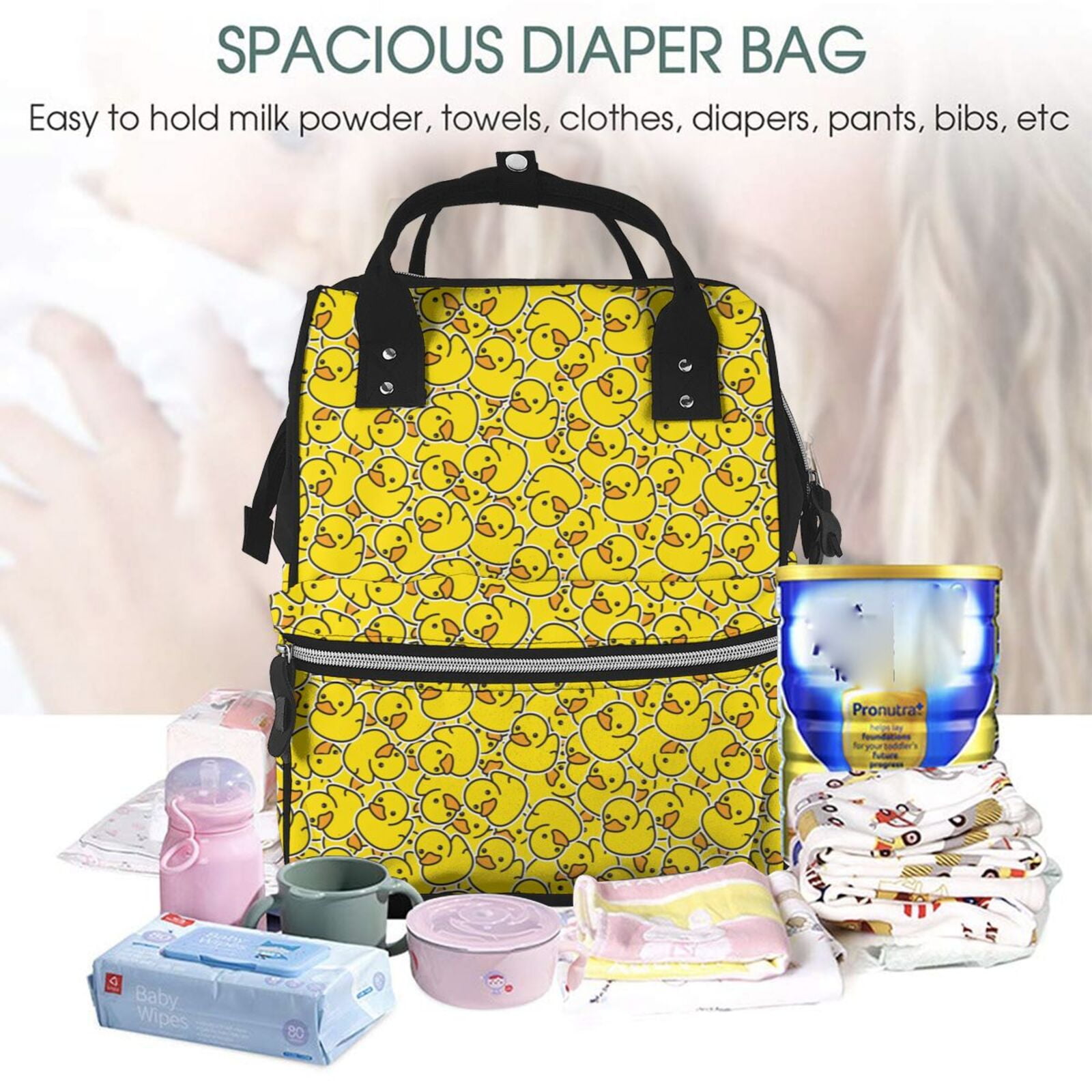 Ratiio Ducky Cartoon Animal Yellow Mummy Backpack - Waterproof Twill Canvas, Large Capacity Diaper Bag with Multiple Pockets and Adjustable Straps