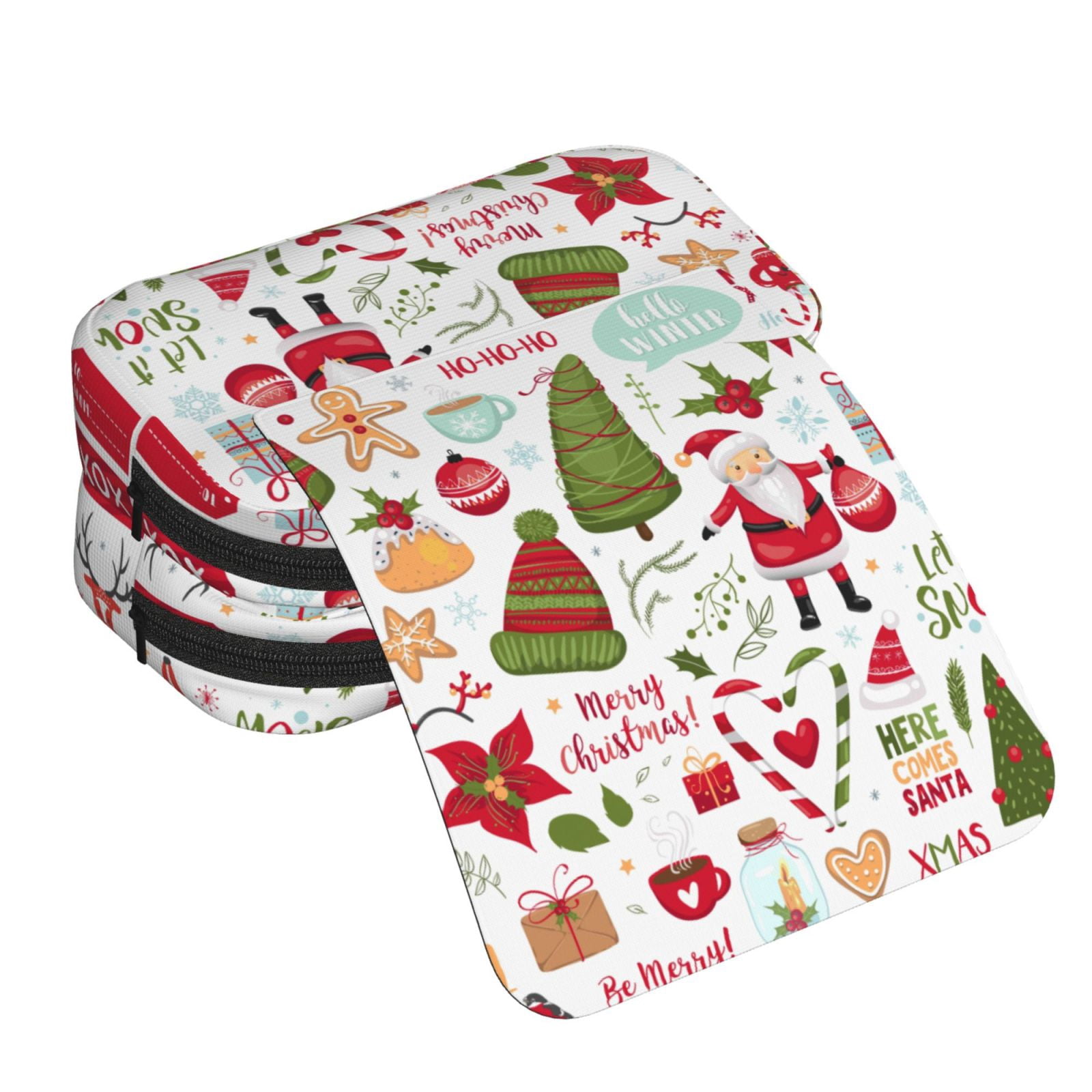Rateoe Snowflakes Santa Claus Pattern Double Clamshell Pen Case, Storage Organizer with Two Zipper Compartments– Holds Up to 50 Pencils & Pens