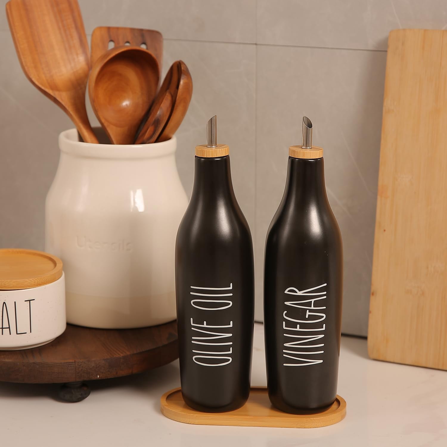 Ceramic Oil & Vinegar Dispenser Bottle Black-Oil 16oz Modern Farmhouse Kitchen Use