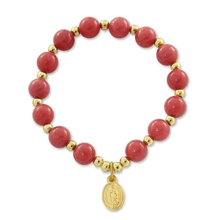 Coral Beads Jewelry Bracelet - Our Lady of Guadalupe Medal Catholic Bracelet with Quartzite Dyed Coral Red Beads