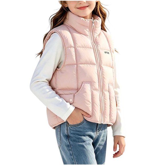 Riecok Kids Puffer Vest Sleeveless Stand Collar Zip up Quilted Jackets Thermal Solid Warm Casual Winter Outerwear Pink 3-4T