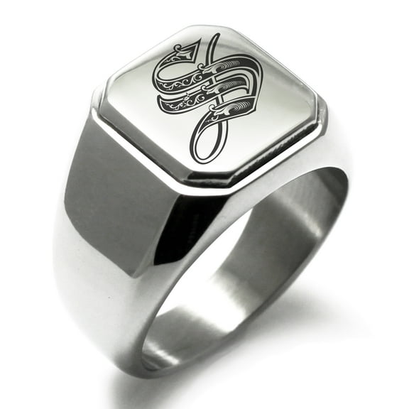 Tioneer Stainless Steel Letter S Initial Royal Monogram Engraved Engraved Square Flat Top Biker Style Polished Signet Ring