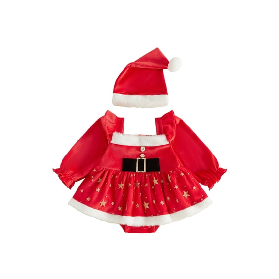 Cjfdfy Newborn Baby Girl Christmas Outfit Plush Trim Long Sleeve Gold Star Print Romper Dress and Santa Hat 2pcs Infant Cute My First Christmas Fall Winter Outfit 0-18M