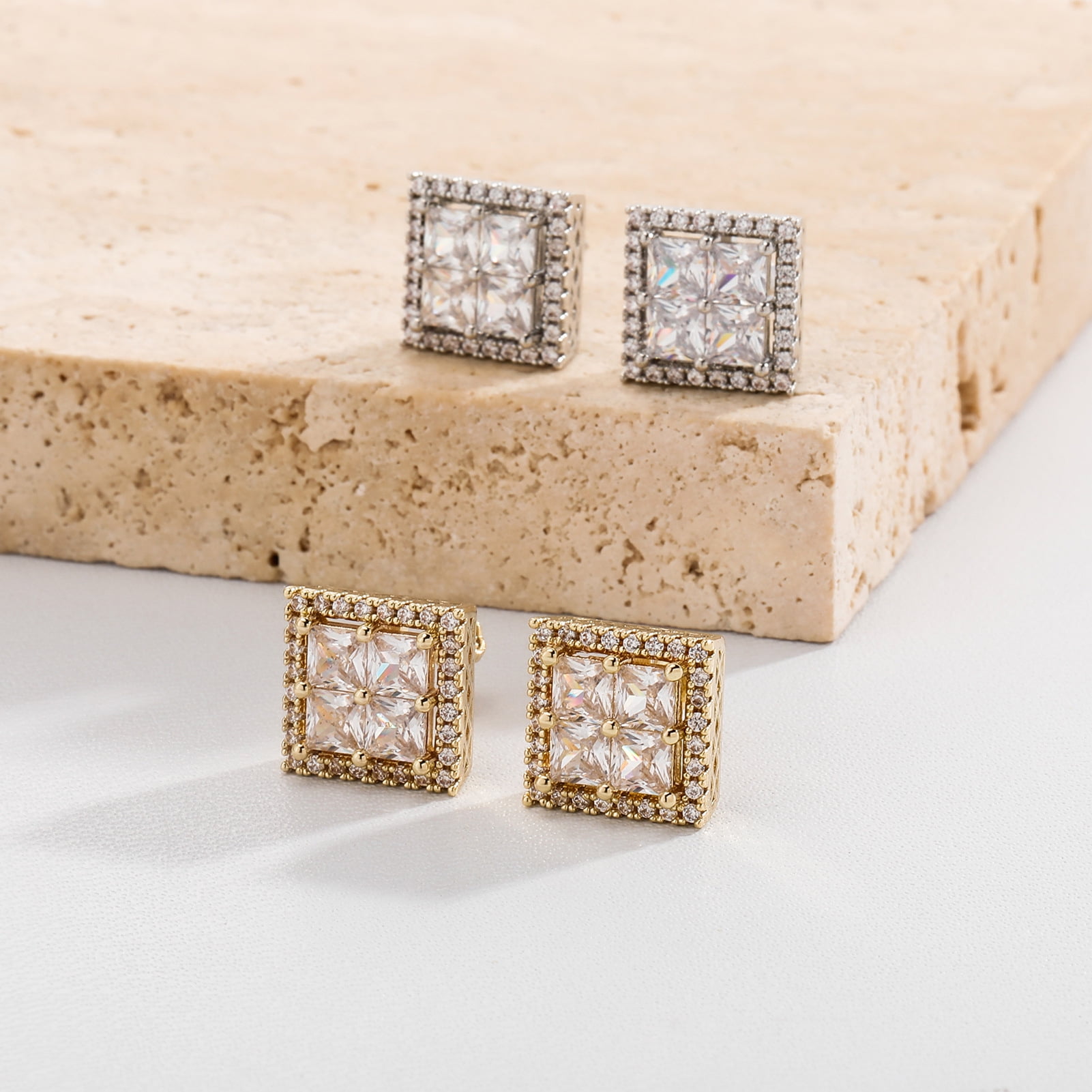 Unisex square stud earrings, hypoallergenic, 18K white gold/yellow gold plated, princess-cut clear cubic zirconia, 13mm.